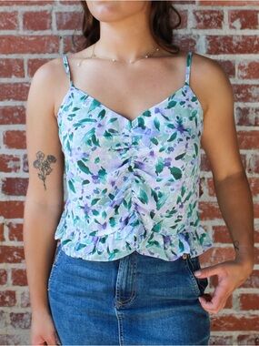 Grade & Gather Ruched Floral Ruffle Cami in Lavender and Green